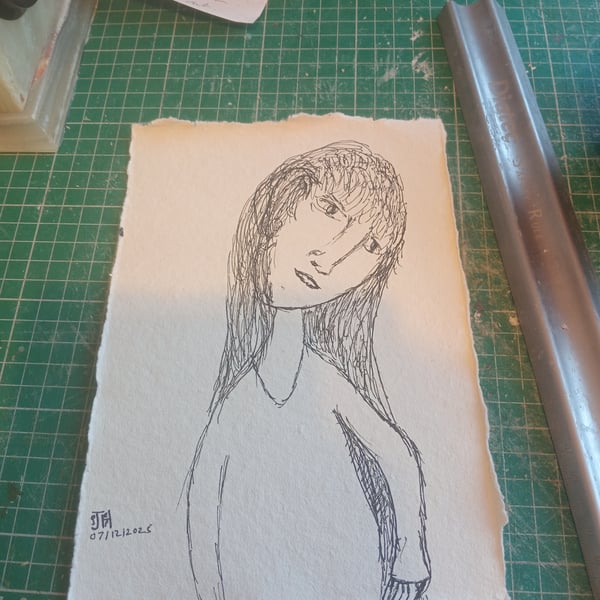 Original pen and ink naive expressionist drawing. A5 handmade torn cotton rag