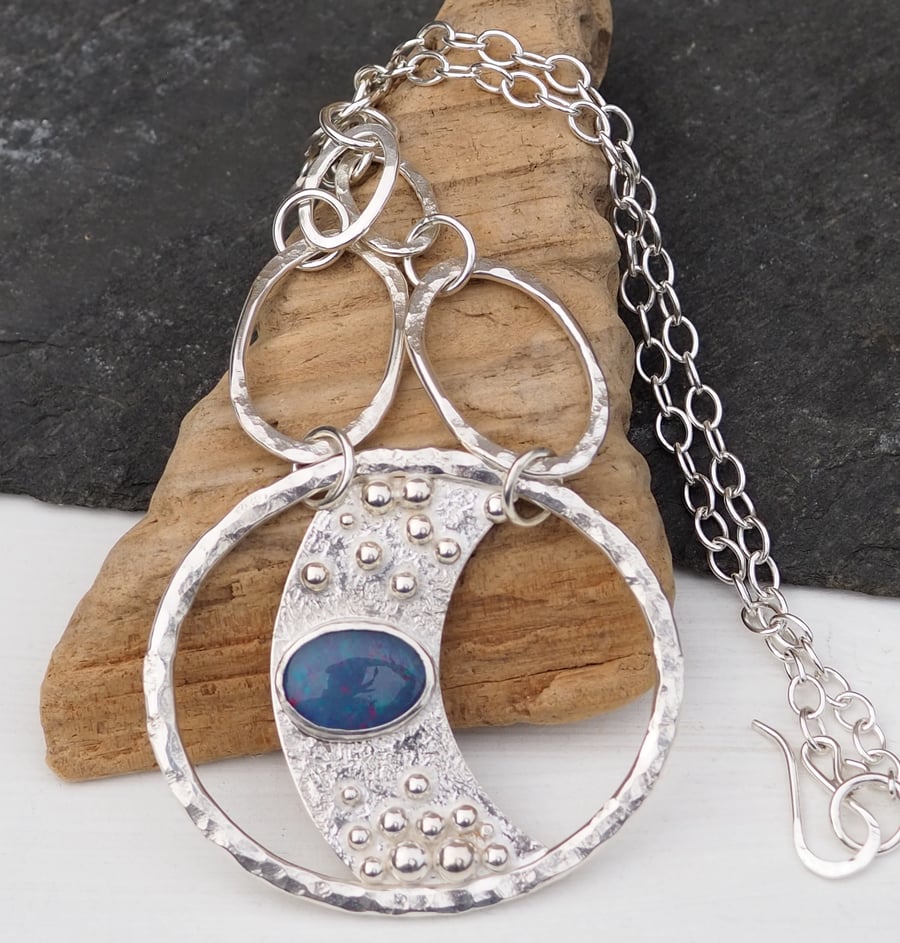 Opal Pendant Silver Necklace, Silver Hammered Necklace, Hallmarked, Handmade 