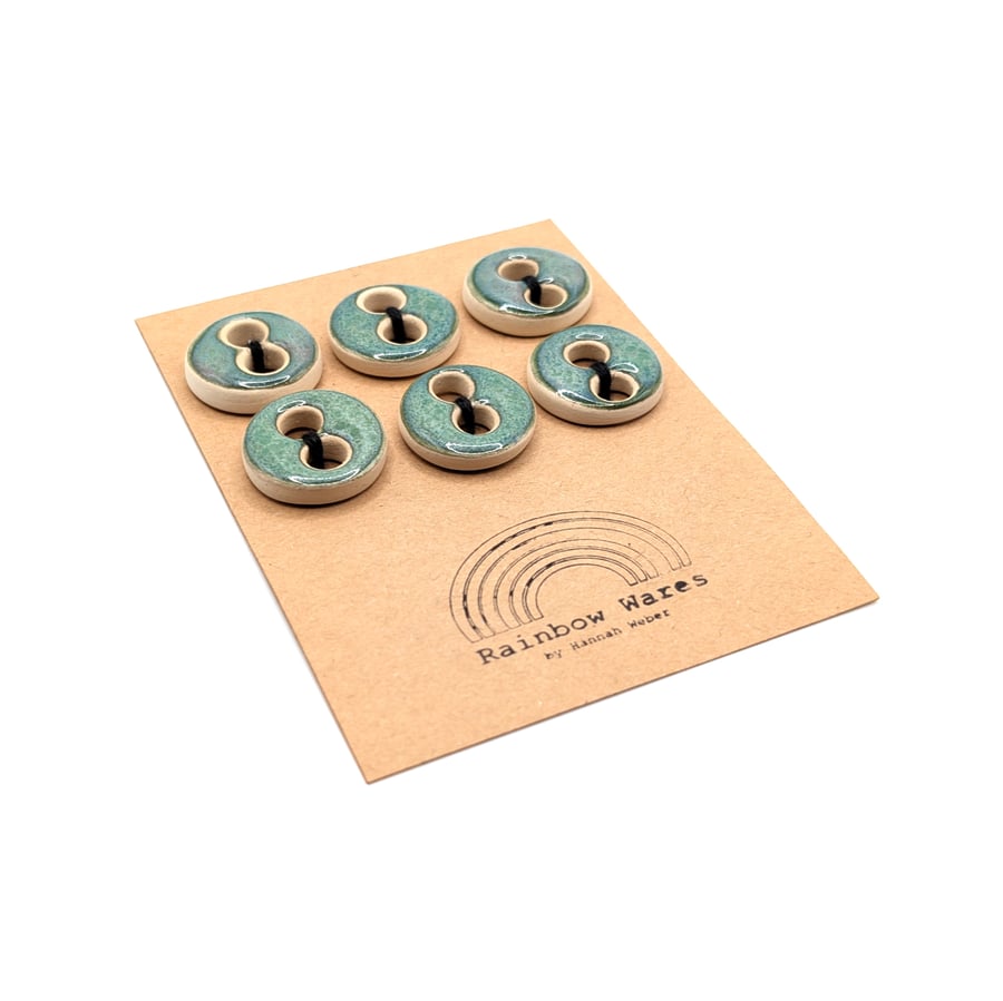 Set of 6 Handmade Round Pottery, Ceramic Buttons, Green Glaze, Small, 21 mm