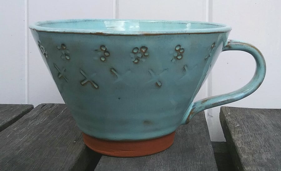 Handthrown pottery cup turquoise glazed mug handmade with stamped patterns -gift