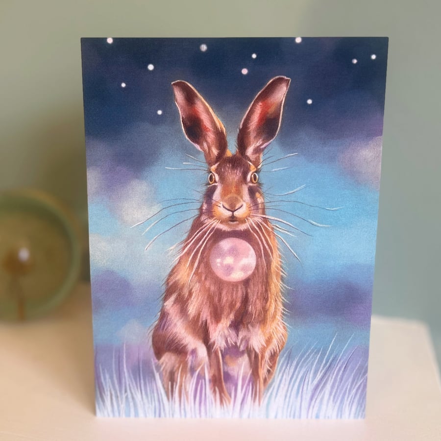Lunar Hare art card - full moon greeting card, surreal, magical