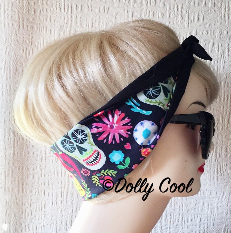Sugar Skull Head Scarf by Dolly Cool - Hair Tie - Bandana - Day of The Dead - Fl