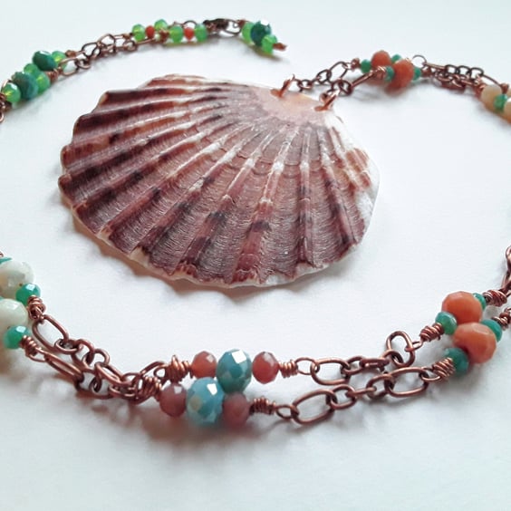 Scallop Shell & Beaded Copper Chain Necklace