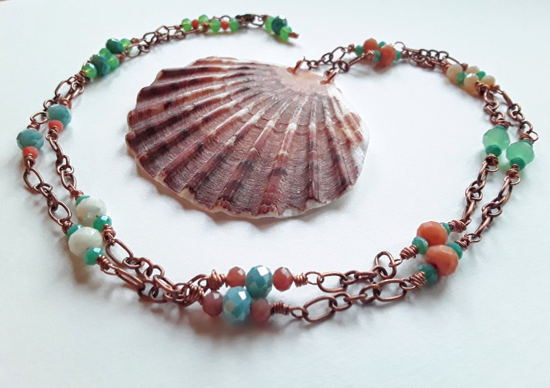 Scallop Shell & Beaded Copper Chain Necklace