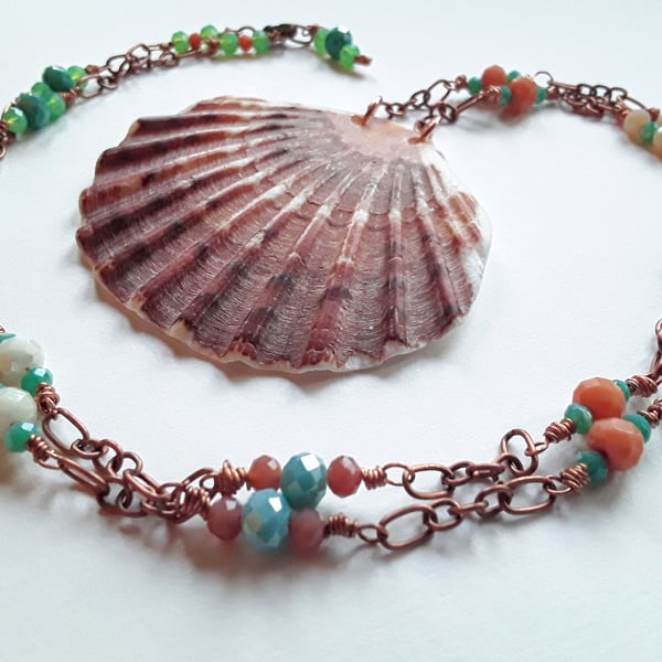 Scallop Shell & Beaded Copper Chain Necklace
