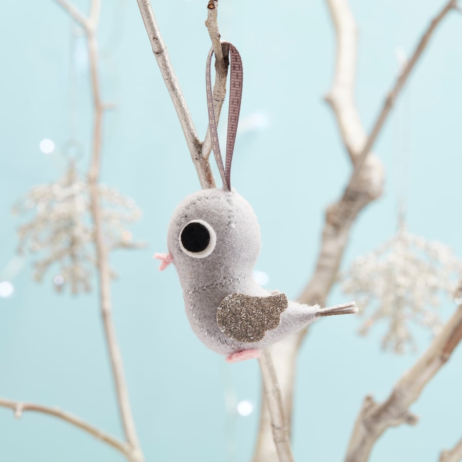 Grey dove Christmas tree decoration with glitter wings