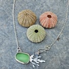 Silver seaweed and seaglass pendant