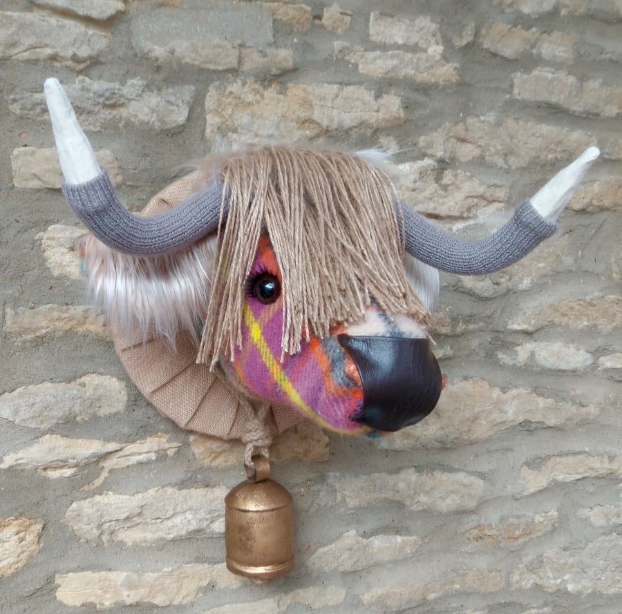 Faux taxidermy Cottage Candy Tweedmill Highland Cow animal head with bell