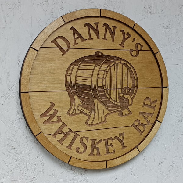 Personalised wooden barrel bar sign 