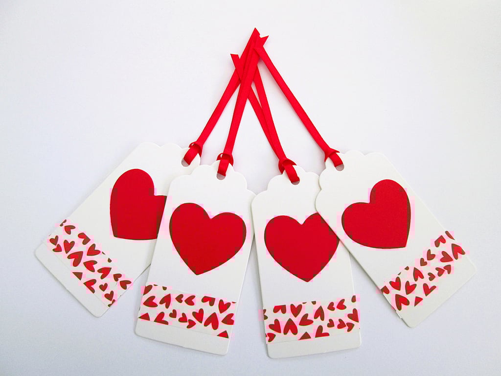 Set of 4 red heart gift tags for Valentines or an anniversary