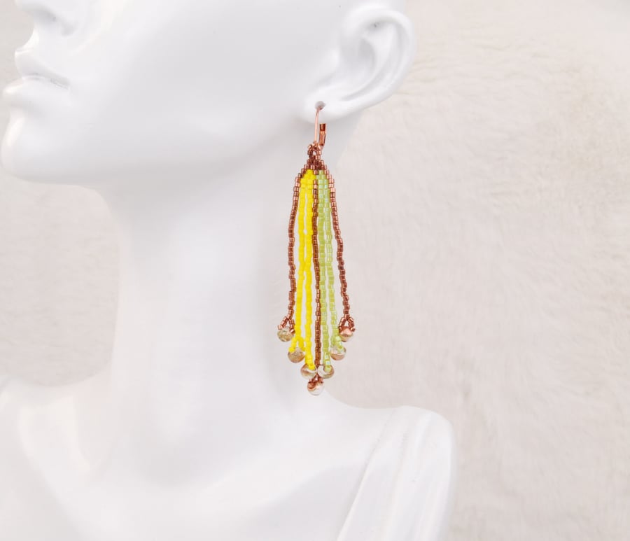 Beaded fringe earrings in copper yellow green, Elegant beaded dangle earrings