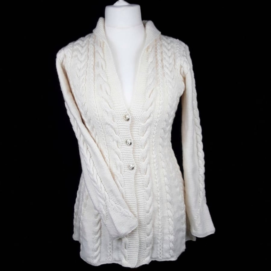 Hand knitted fit n flared aran style jacket cardigan with cables for ladies 