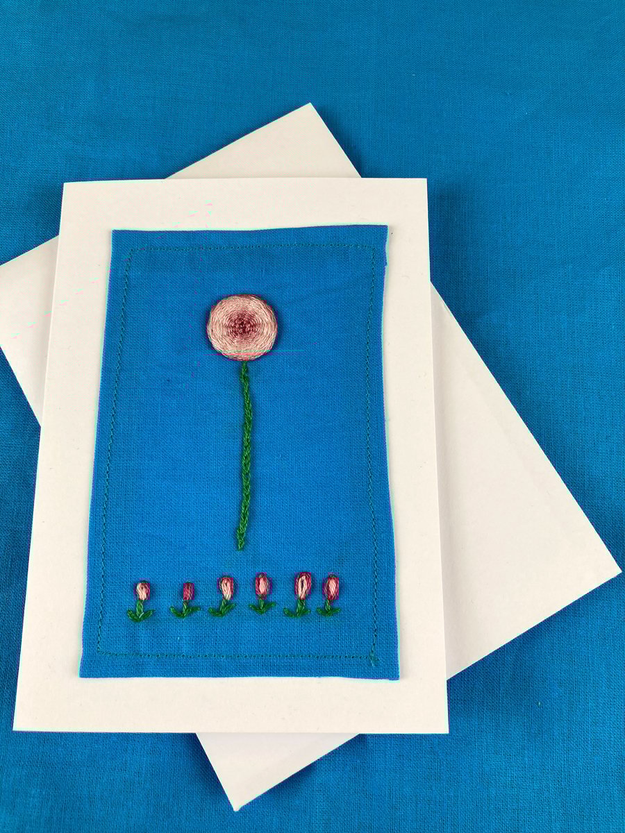 Hand embroidered pink bloom card.