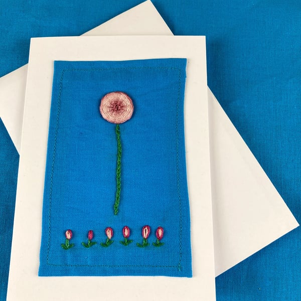 Hand embroidered pink bloom card.