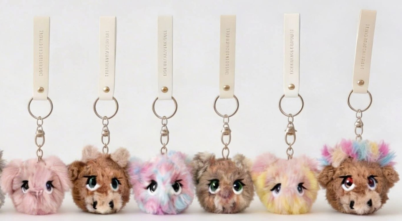 Crochet faux fur keyrings pocket pals plushie glitter eyes customised