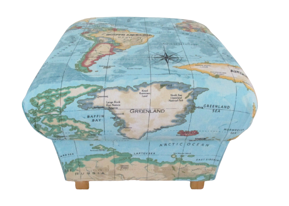 Storage Footstool Prestigious Atlas Azure Blue Fabric Pouffe World Map 