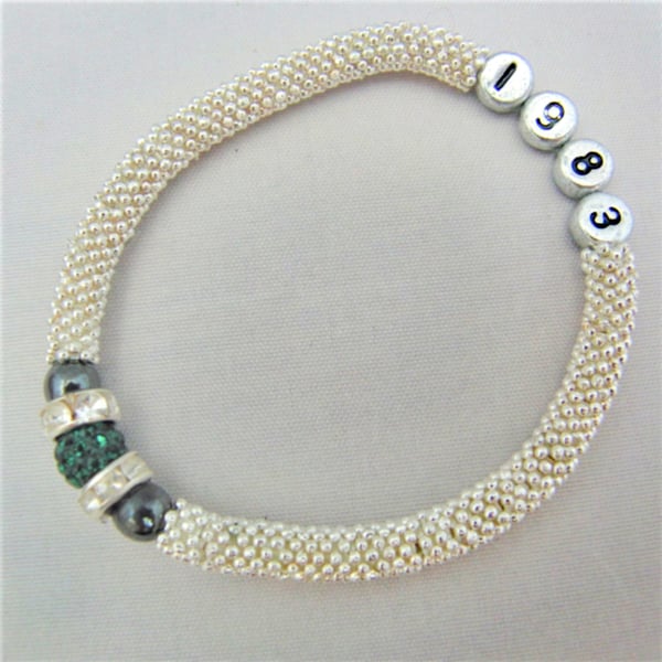 Personalised Pave and Hematite Bead Snowflake Birthstone and Birth Year Bracelet