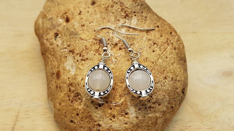 Small White Moonstone oval frame earrings. June birthstone