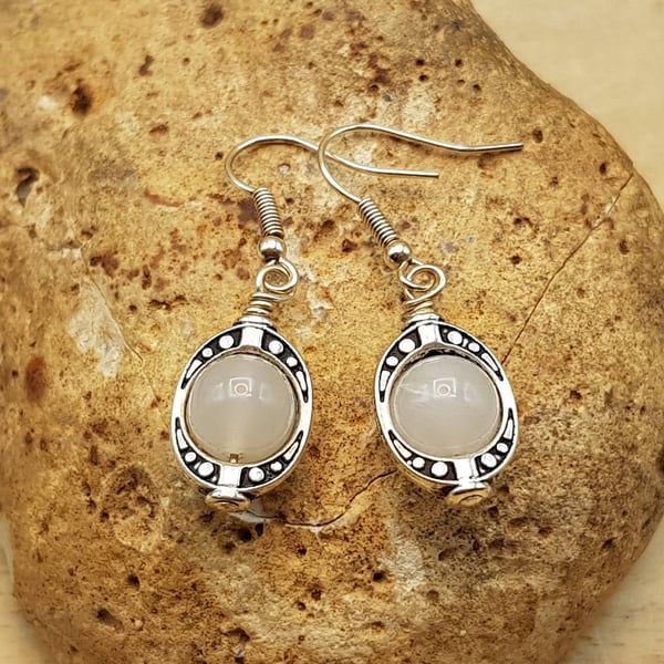 Small White Moonstone oval frame earrings. June birthstone