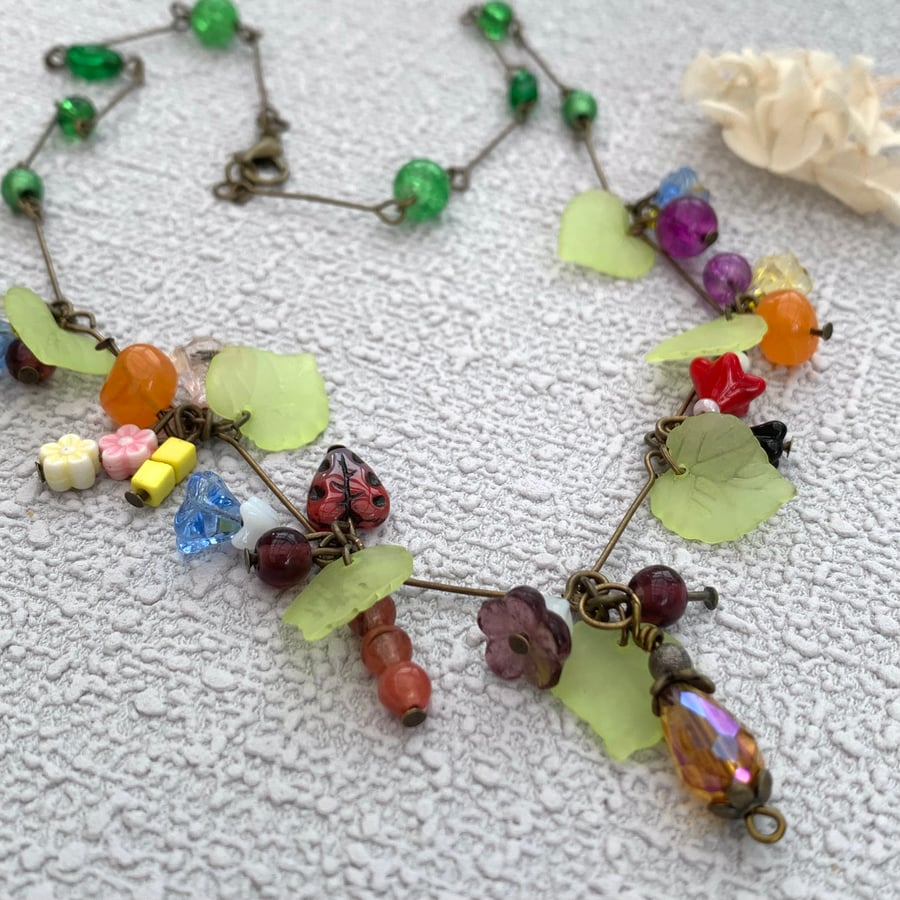 Boho Multicolour Glass Bead and Lucite Bronze Necklace