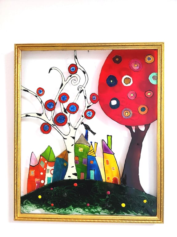 Whimsical Cottagecore Glass Painting: Colorful Tree Folk Art