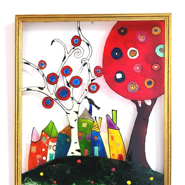 Whimsical Cottagecore Glass Painting: Colorful Tree Folk Art