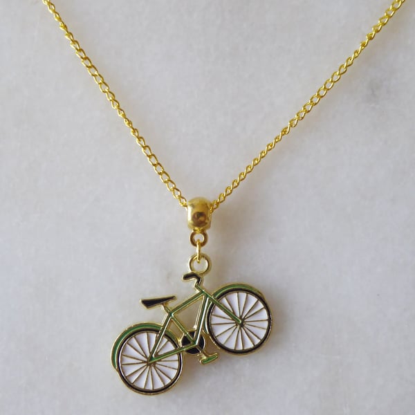 Green Enamelled Bicycle Pendant with gold plated Chain
