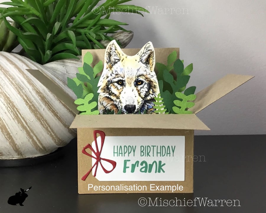 White Wolf 3D Box Card. Blank or personalised for any occasion.