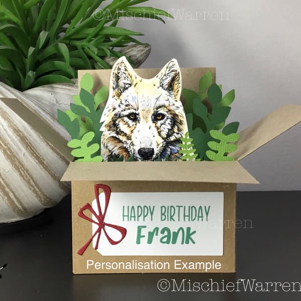 White Wolf 3D Box Card. Blank or personalised for any occasion.