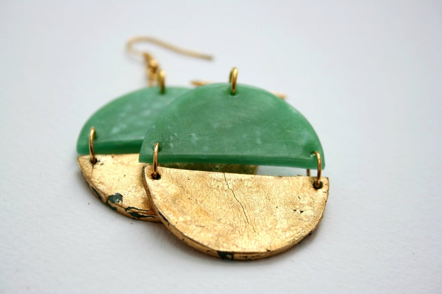 Jade green and gold split circle dangle earrings