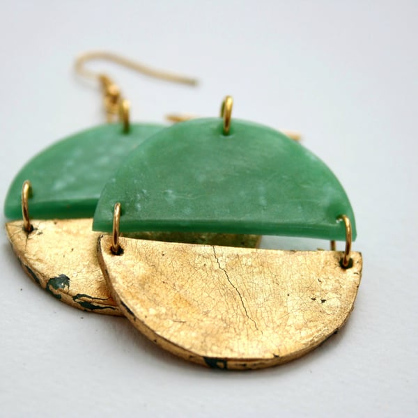 Jade green and gold split circle dangle earrings