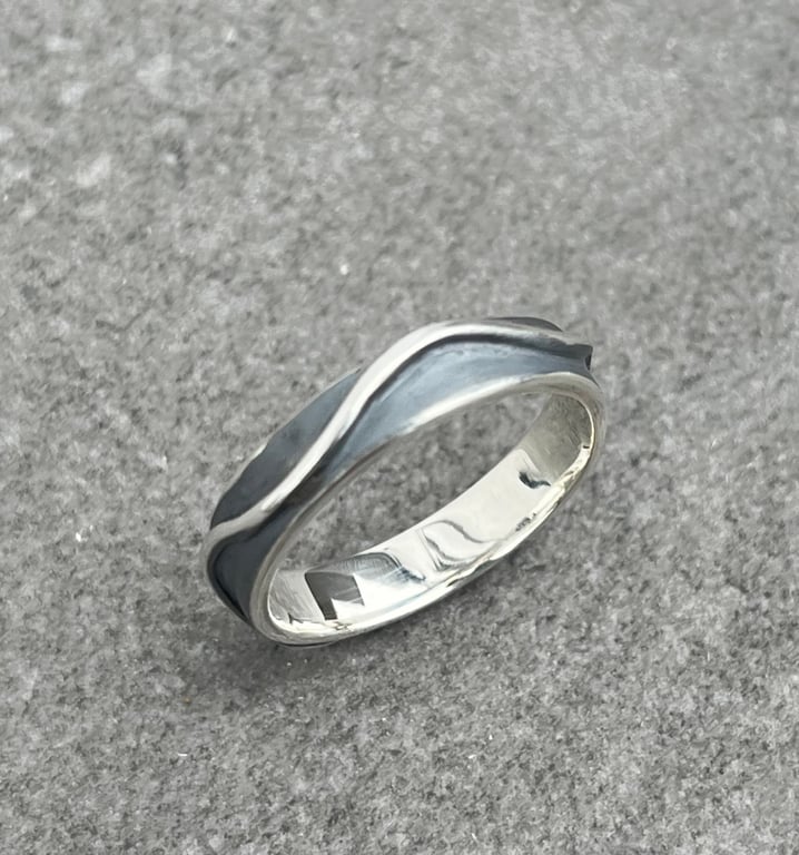 Silver Wave Ring, oxidised band, silver River Ring, 4mm band, wedding ring, wave
