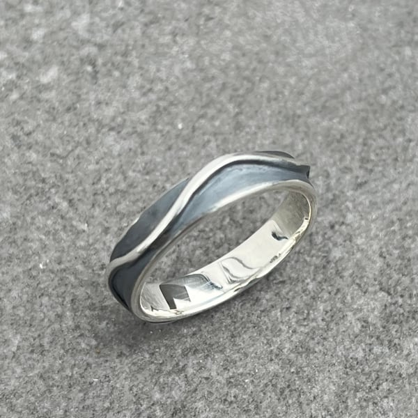 Silver Wave Ring, oxidised band, silver River Ring, 4mm band, wedding ring, wave