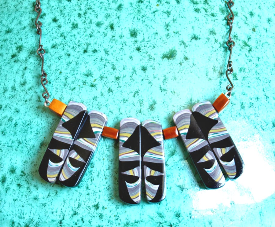 Designer Polymer Clay and  Silver Necklace - Handmade Beads -Oxidised Silver 