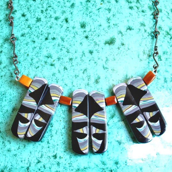 Designer Polymer Clay and  Silver Necklace - Handmade Beads -Oxidised Silver 