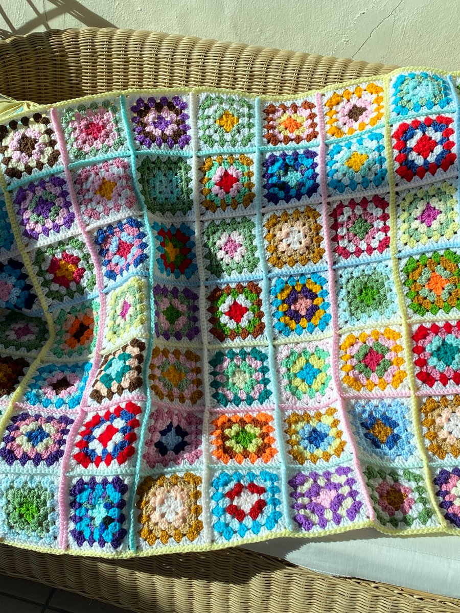 Colourful Crocheted Lap Blanket. Chair or Settee Throw, Top Cover for Small Bed.