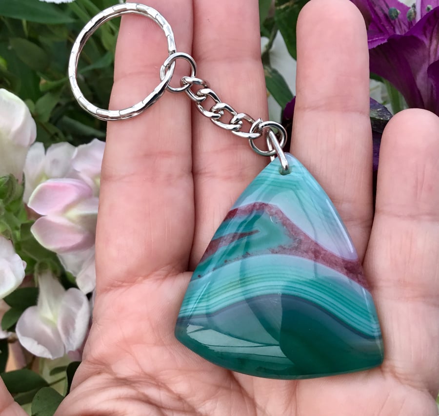 Stunning Green and Red Banded Agate Gemstone Keyring or Handbag Charm.