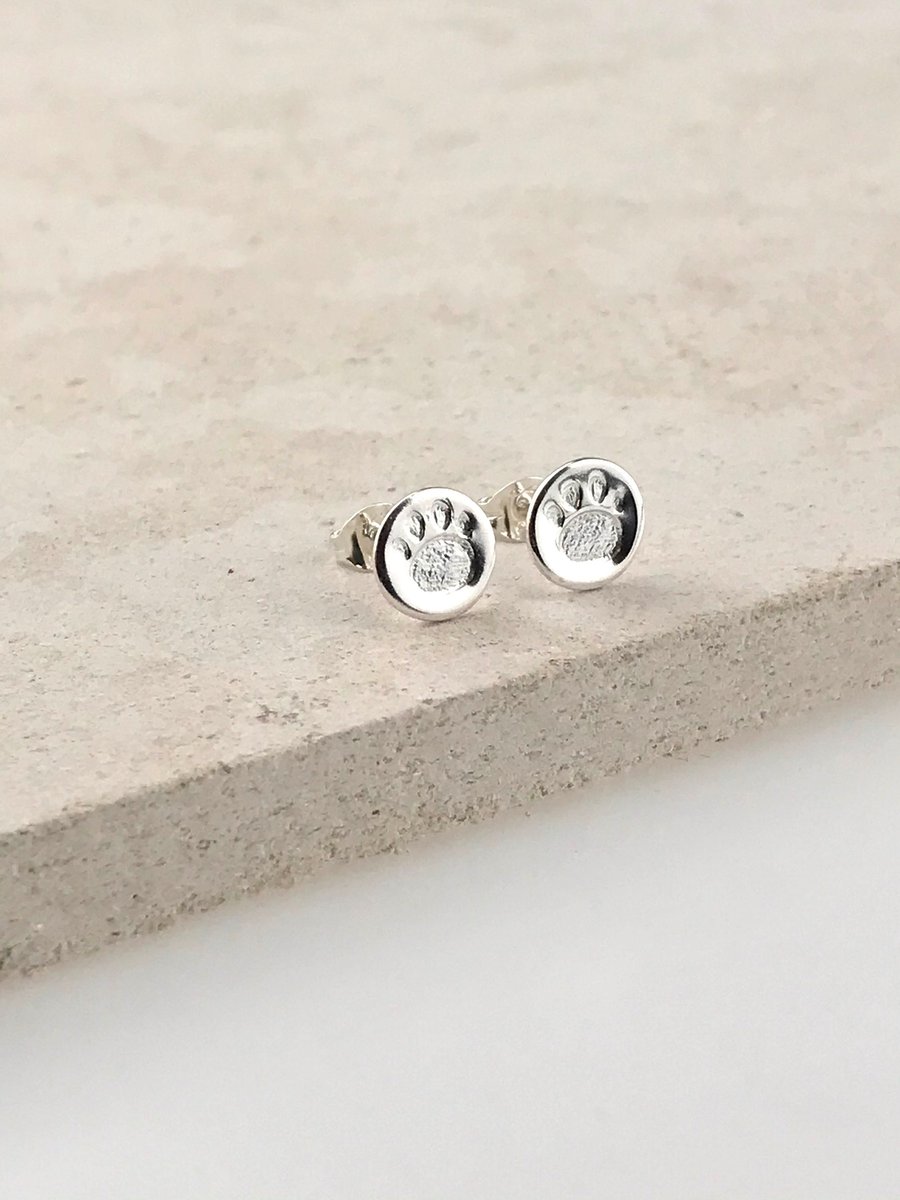 Handmade Sterling Silver 8mm Circle Paw Print Stud Earrings
