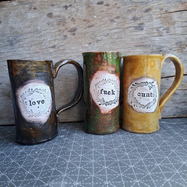 Skinny c8nt coffee mug in olive, unique stoneware ceramic mug