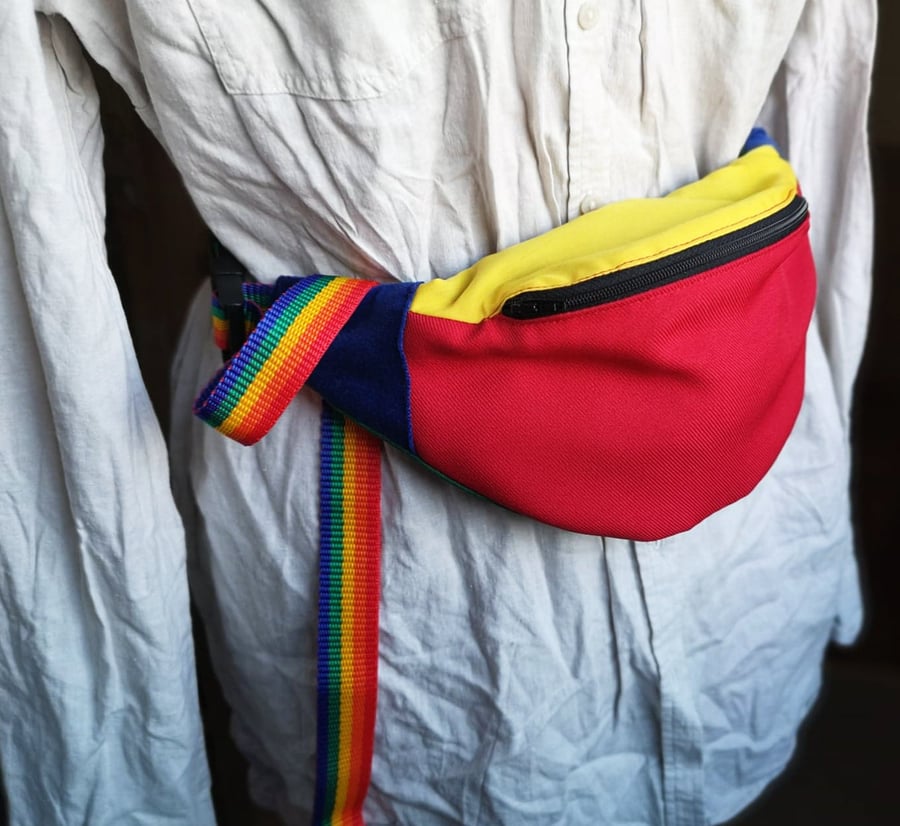 Cross Body Multicoloured Bumbag with Rainbow Strap and Polar Fleece Lining