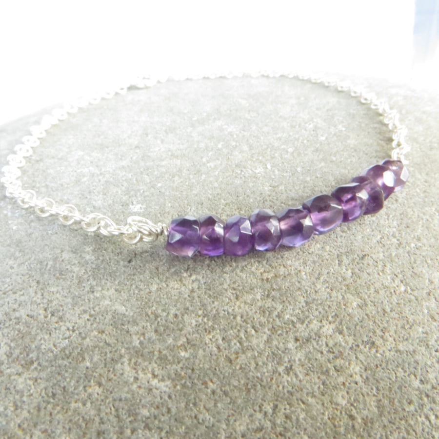February Birthstone Bracelet, Amethyst Bar Bracelet, Sterling Silver, Purple Gem