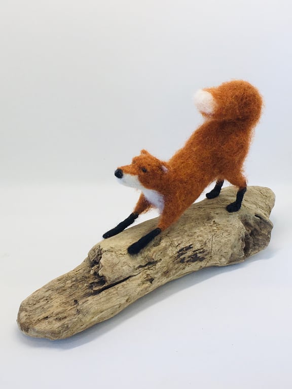 Needle Felted Fox on Driftwood, one of a kind ornament