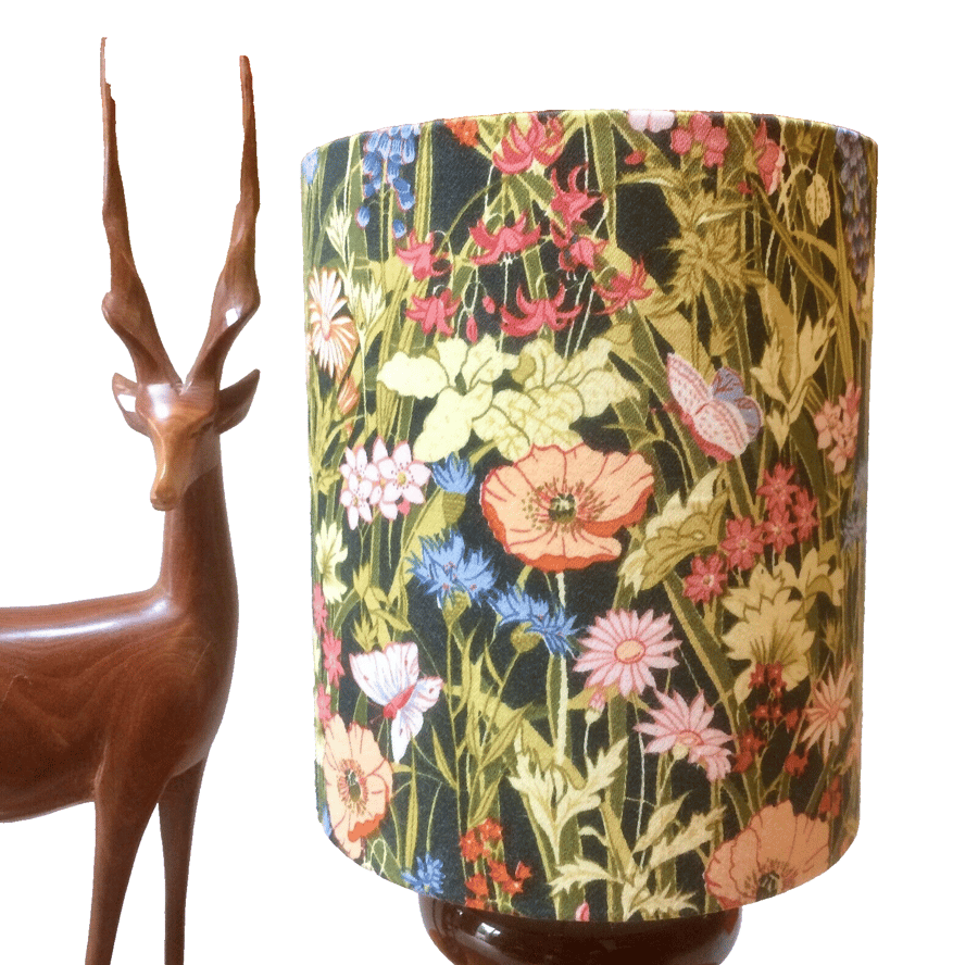 Green Floral Butterfly 70s Jolie Fleur By Moygashel Vintage Fabric Lampshade 