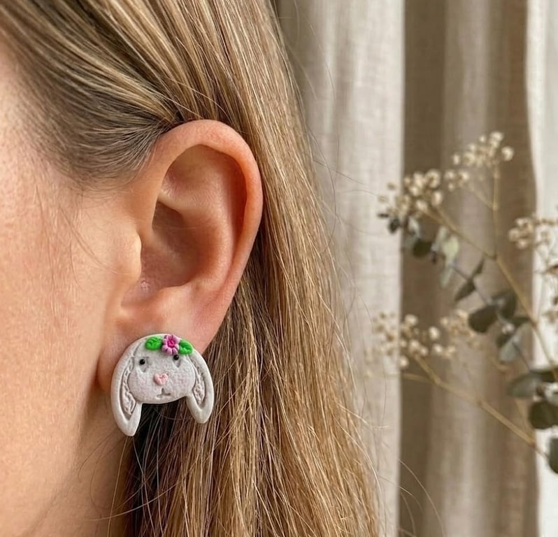 Grey Bunny Stud Earrings, Cute Rabbit Gift for Her, Animal Lover Jewellery UK