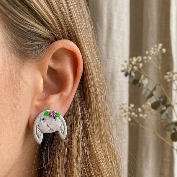 Grey Bunny Stud Earrings, Cute Rabbit Gift for Her, Animal Lover Jewellery UK