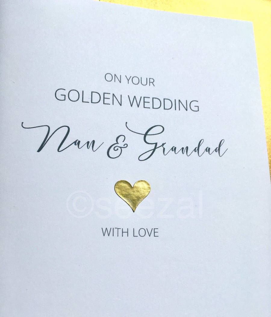 GOLDEN Wedding Anniversary Card Made to order for any name Mum Dad Nan Grandad