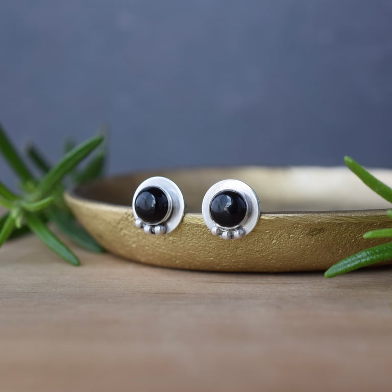 Sterling Silver Black Onyx Stud Earrings – Handmade Minimalist Gemstone Studs