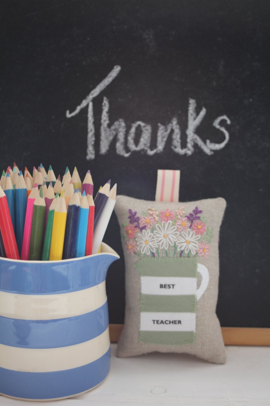 Green 'Best Teacher' stripy hand-embroidered lavender bag