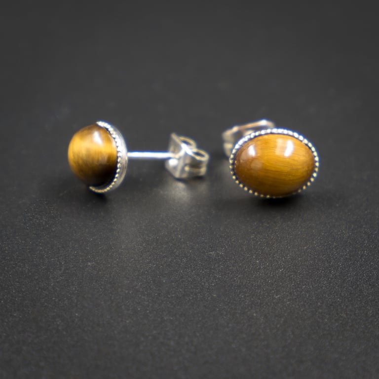 Tiger eye sterling silver stud earrings, Capricorn jewellery