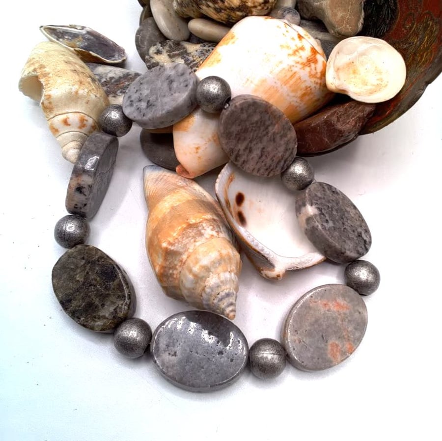 Image of Black Grey Marbled Oval Stone and Gunmetal Spacer Men's Bracelet, Men's Bracelet